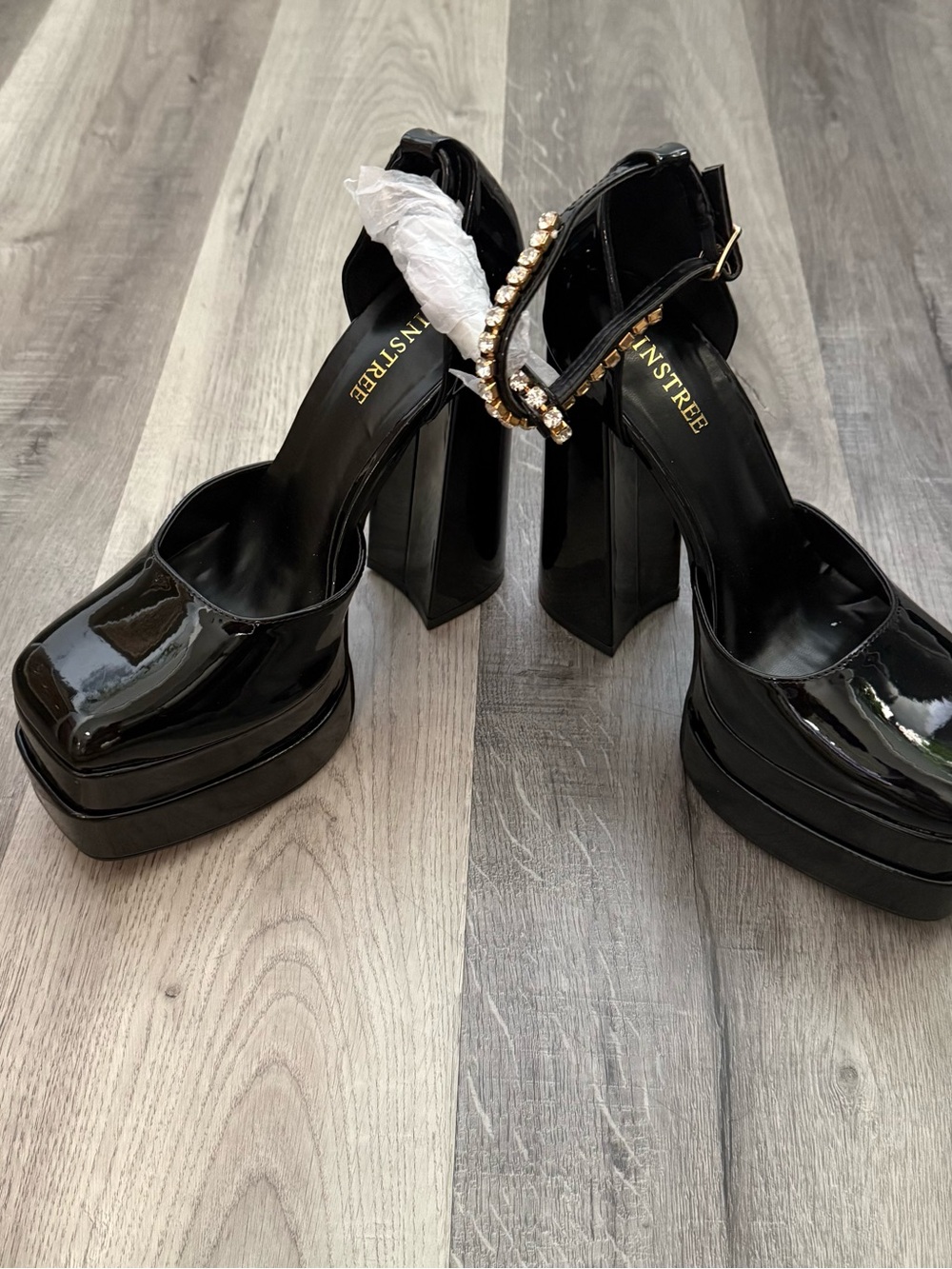 NWOB Patent Platform Block Heels with Rhinestone Ankle Strap - Black Size 10
